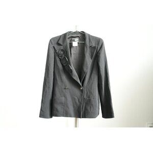 Vintage Chanel Black Wool Blend Camellia Flower Pin Blazer Jacket Size 36